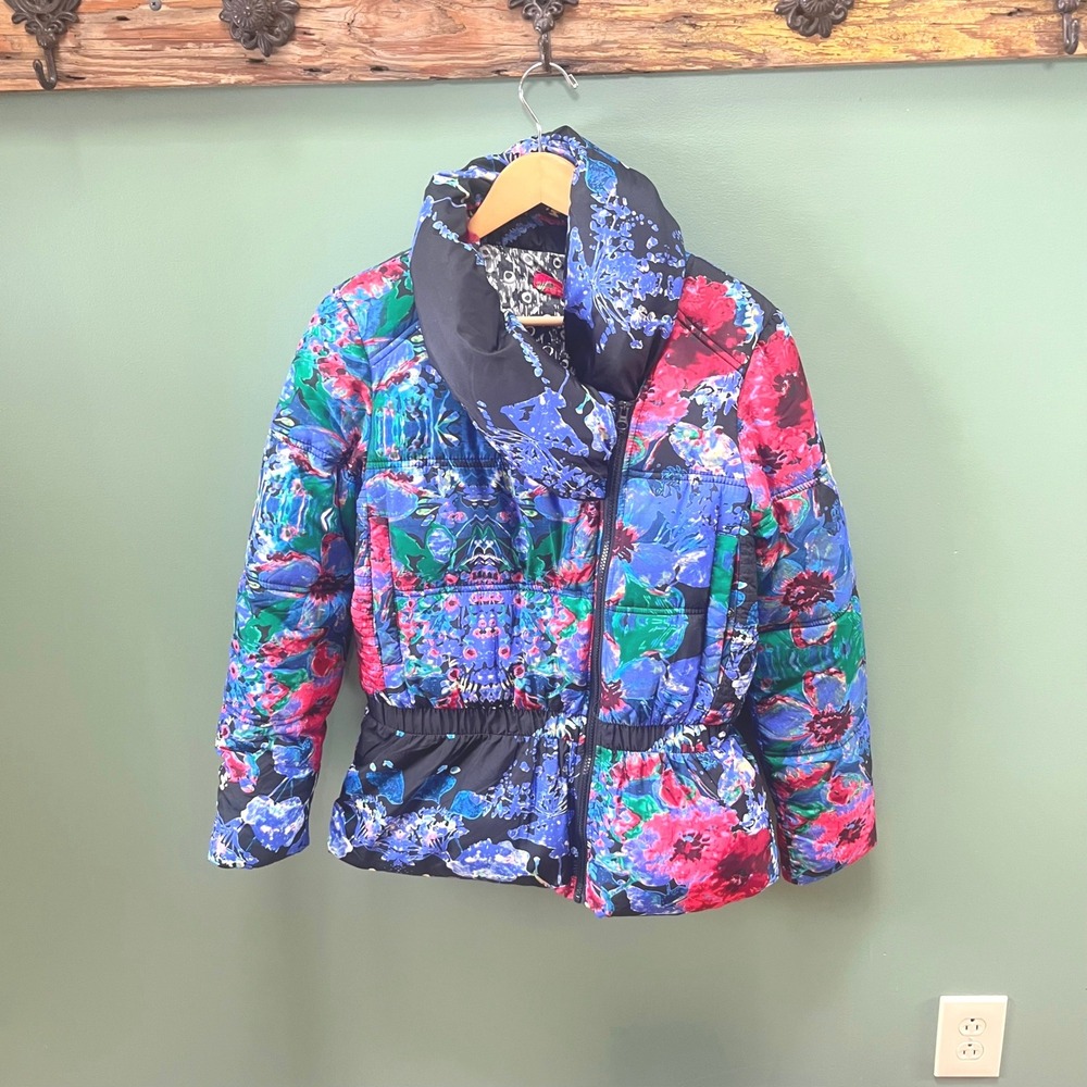 Desigual Women Floral Puffer Jacket Bomber Zip Funnel Neck  Size 40 NEW (Medium)
